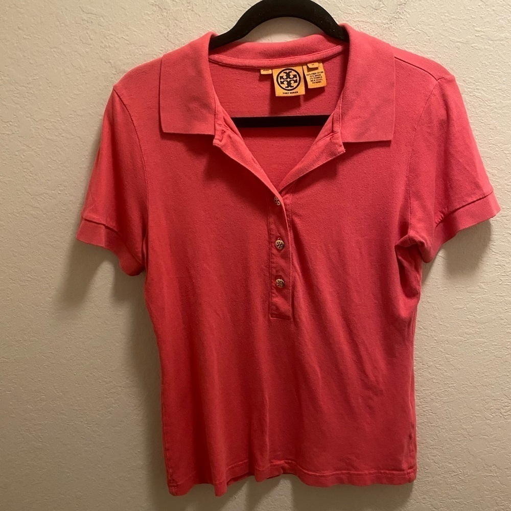 Tory Burch Pink Short Sleeve Polo Shirt With Gold Logo Buttons